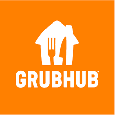 An orange house silhouette contains a fork and knife, followed by the bold text 'GRUBHUB' in uppercase, both elements in a minimalist design.